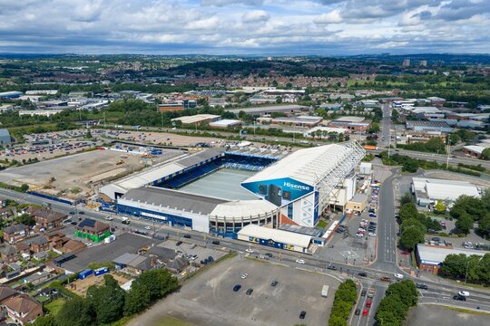 Leeds UK, 19th June 2026: Aerial view of Elland Road football stadium in Leeds home of Leeds United showing the iconic sporting venue surrounding road networks commercial developments and residential