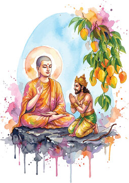 Sri Lankan Poson Story Illustration of Arahat Mahinda Thero and King Devanampiyatissa at Mihintale Watercolor Art