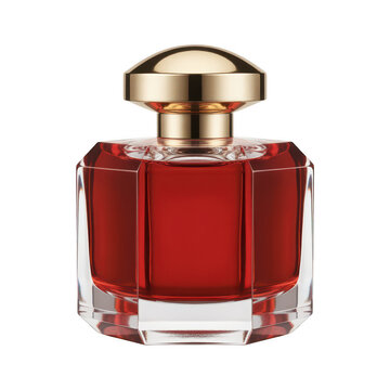 Stylish perfume bottle with a deep red scent inside a faceted glass container and a gold cap, isolated on a white background, for marketing