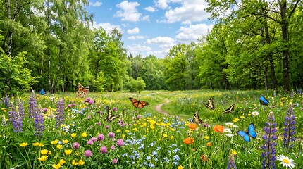 Obraz premium Vibrant Meadow with Butterflies and Wildflowers in a Lush Green Forest