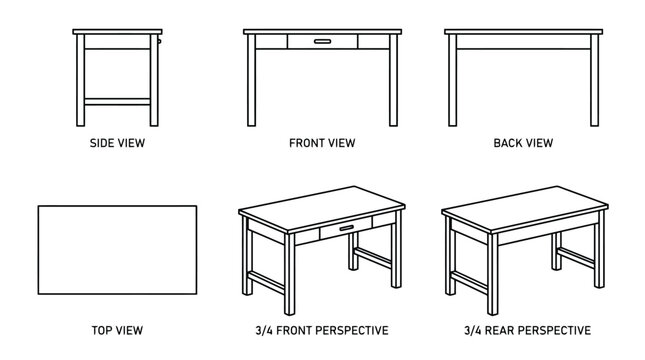 Minimalist wooden desk technical drawing set, office table orthographic views and 3D perspective wireframe, furniture design vector blueprints
