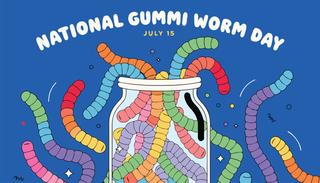 Colorful gummy worms overflowing from a glass jar on blue background