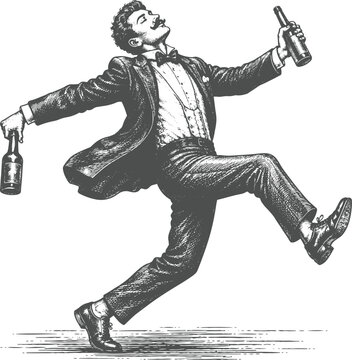 Vintage Drunk Businessman Partying with Bottles Engraving Retro Character Vector Illustration