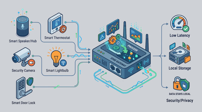 Isometric concept of smart home edge computing devices and localized data routers