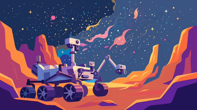 Autonomous space explorer rover traversing a colorful alien planet surface with nebula sky