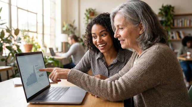 Two diverse businesswomen with a cheerful mood analyzing financial charts on a laptop against a blurred coworking space background with copy space