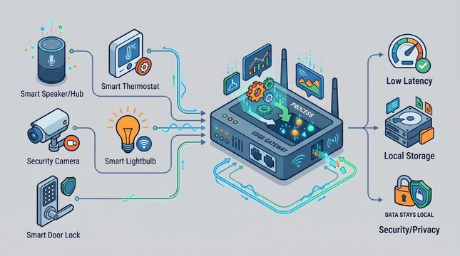 Isometric concept of smart home edge computing devices and localized data routers