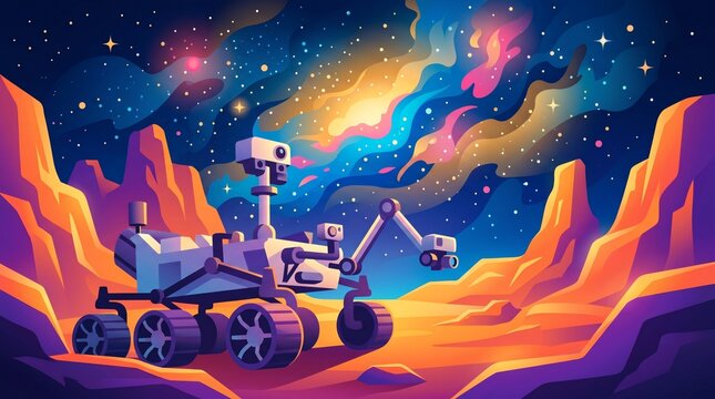 Autonomous space explorer rover traversing a colorful alien planet surface with nebula sky