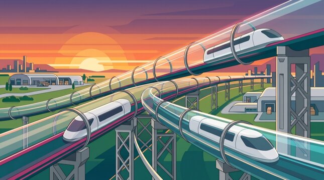 Futuristic hyperloop transportation system with sleek pods traveling through clear vacuum tubes