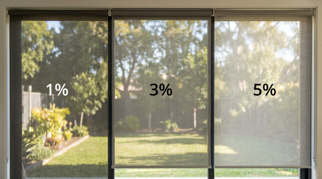 Three roller blinds are installed on a large window, showcasing varying levels of light blockage from 1% to 5%, with a garden visible in the background.