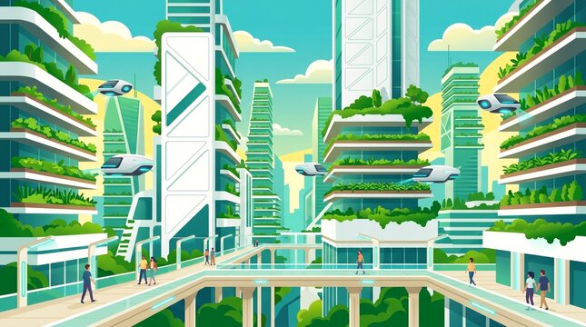 Futuristic cityscape featuring vertical farms eco friendly architecture and delivery drones