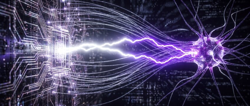 Brain neuron computer interface chip connecting with electric spark for artificial intelligence digital technology background, neural network and cybernetic biotechnology integration concept solutions