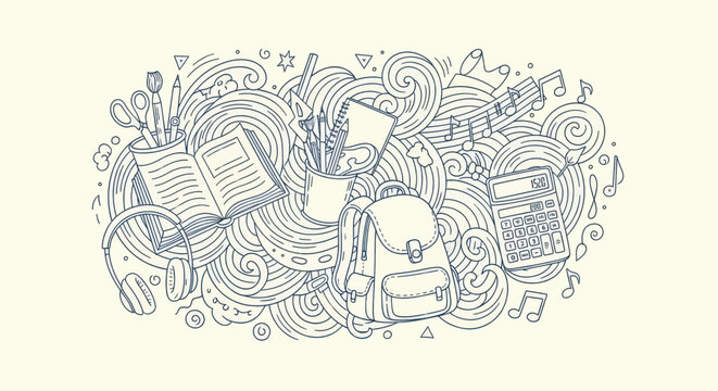 Doodle style school supplies composition