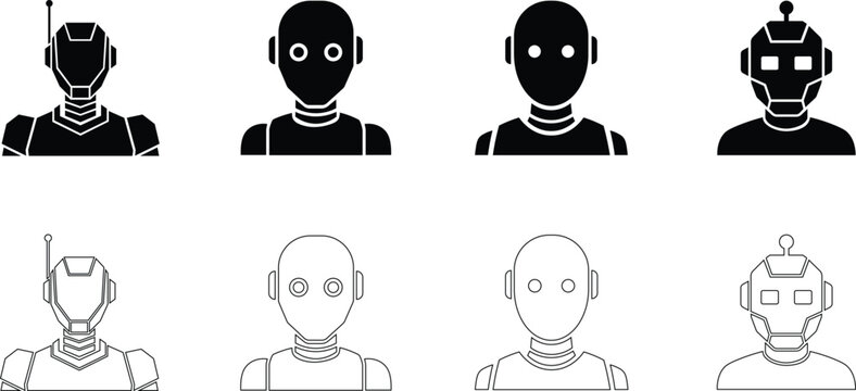 Collection of eight robot icons in various styles and colors