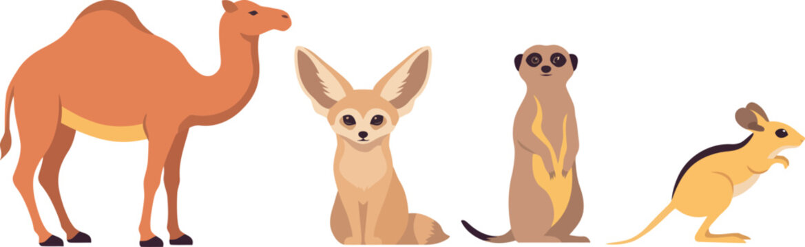 Desert Wildlife Animal Vector Set Featuring Camel Fennec Fox Meerkat and Jerboa Icons for Arid Nature and Education Graphic Designs