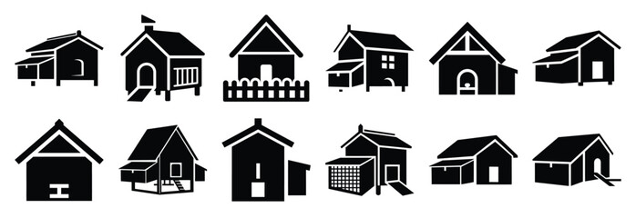 Set of agricultural chicken coop silhouette vector illustration. © SreeAtul