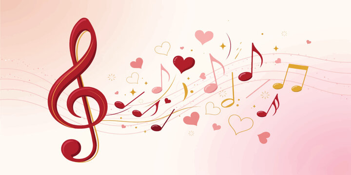 Romantic Music Notes Background with Red Treble Clef and Hearts