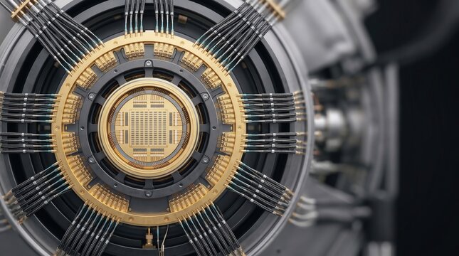 Cylindrical superconducting qubit processor core with gold plated rings 3D illustration with copy space