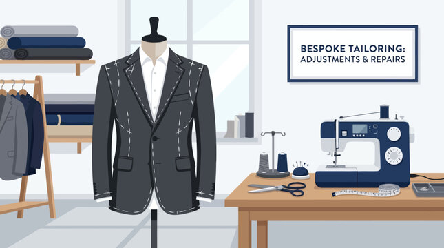 Bespoke suit jacket on tailor mannequin in workshop with fabric rolls illustration.