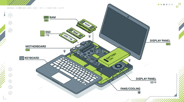 Modular Laptop Design Showing RAM SSD Motherboard Components for Sustainable Repair and Upgrades