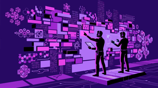 Abstract purple digital technology background with binary code and geometric circuit patterns.