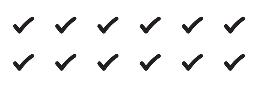 Set of twelve black check mark icons for business checklists and task completion lists