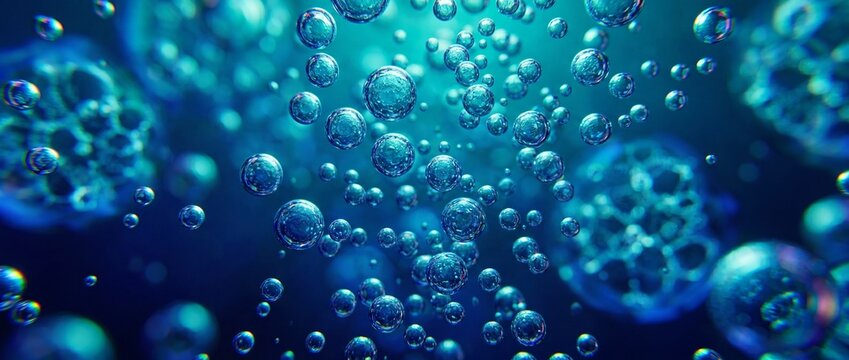 Blue water bubbles floating background under liquid surface. Fresh clean turquoise marine essence texture. Abstract scientific fluid micro spheres. Floating fizz oxygen circles with depth of field. 3d
