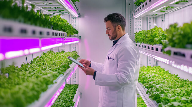 Scientist or agronomist with a digital tablet checking microgreens in vertical smart farm