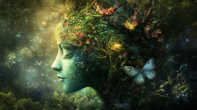 portrait of Mother Nature as a beautiful woman merged with green forest and butterflies