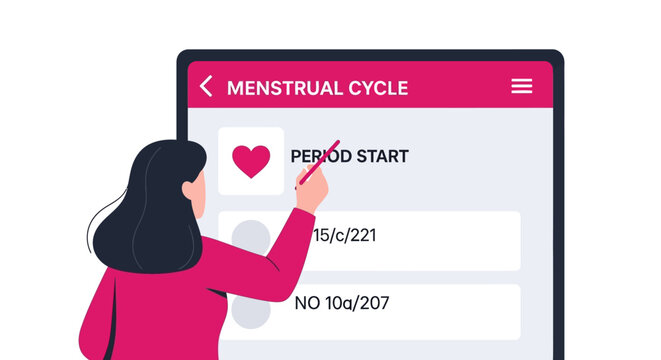 Woman Using Menstrual Cycle Tracker App for Reproductive Health Monitoring - Flat Vector Illustration