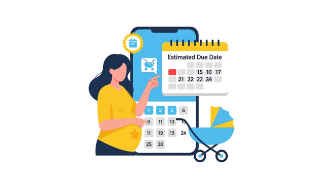 Pregnant Woman Using Smartphone App to Track Estimated Due Date Calendar - Maternity Health and Pregnancy Tracker Concept Illustration