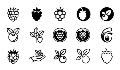 Modern abstract raspberry symbol vector clipart set with minimalist clean outline berry fruit and organic logo graphics black and white © Mdsahag