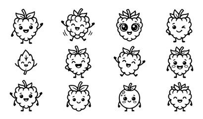 Cute kawaii raspberry character vector set with funny cartoon berry fruit and leaf line art for kidsraspberry, berry, fruit, cute, cartoon, kawaii, happy, character, smiling, kids, children, sweet, fo © Mdsahag