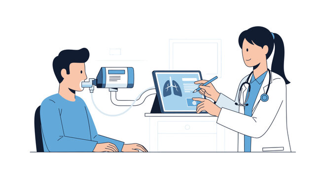 Doctor Performing Spirometry Lung Function Test on Patient, Pulmonary Health and Respiratory Diagnostic Illustration