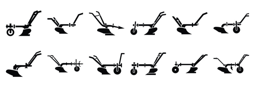 Set of agricultural traditional plow silhouette vector illustration.