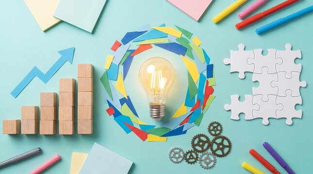 Colorful circular innovation process surrounding a glowing light bulb. Represents idea generation, continuous improvement, business transformation, creativity, and innovation strategy