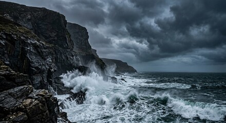 Fototapeta premium Stormy Rocky Coastline with Powerful Ocean Waves and Dark Clouds