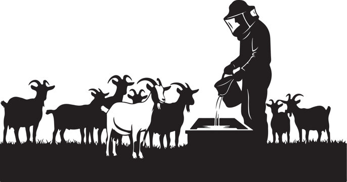 Black silhouette of man feeding goats