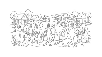 Obraz premium Diverse Family Parade in Small Town Village, Line Art Illustration