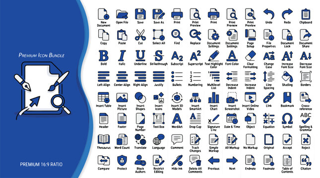 Premium icon bundle for text editing and document management, blue interface icons set, professional software UI elements for word processing