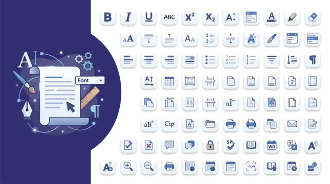 Text editing icons set, typography and document formatting symbols, blue flat vector collection for word processing software and web interface