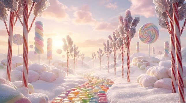 Whimsical winter wonderland with colorful candy trees and lollipops in snow