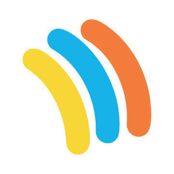 Colorful abstract design with curved shapes in yellow, blue, and orange on a white background