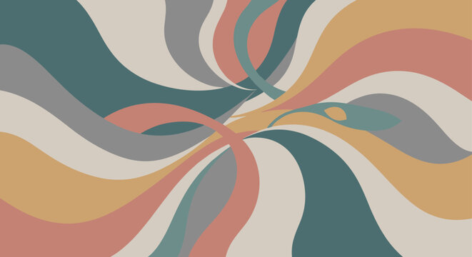 Retro psychedelic waves in muted shades of teal orange and grey converge in a central focal point for a vintage seventies inspired aesthetic.