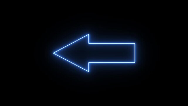 Neon Blue blinking Left Directional Arrow Glowing on Black Background. 