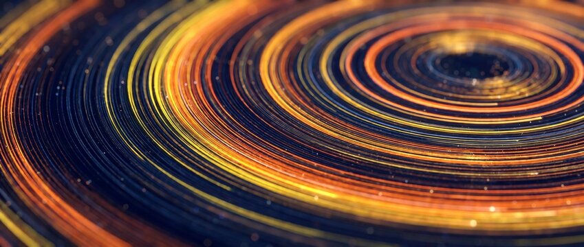 Abstract circular light trails background glowing in golden orange vortex pattern with bokeh effect on dark blue depicting futuristic data stream speed, technology energy wave, and cosmic motion.