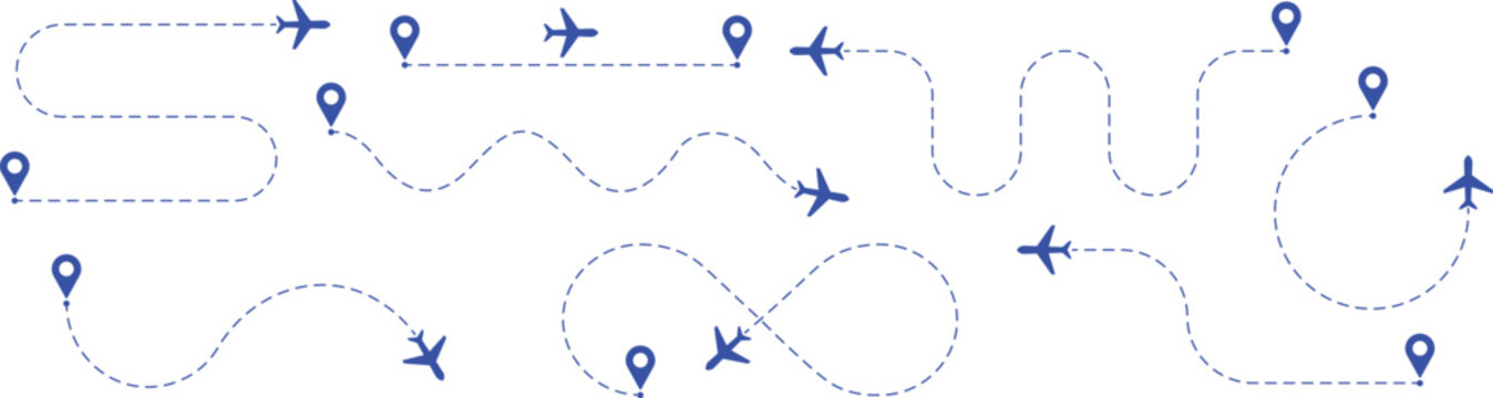 Blue airplane flight route set with dashed line path and location pin on white background. Flat minimal travel direction and navigation symbols. Vector icon collection for aviation journey map design.