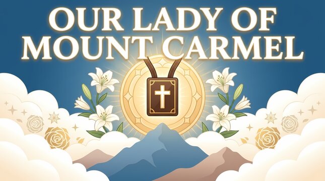 Our lady of mount carmel religious illustration with scapular and lilies