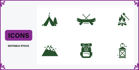Collection of outdoor adventure and camping icons including a tent canoe campfire mountains backpack and lantern © Badsha Mollik