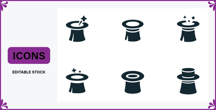 Collection of simple magician hat icons representing magic and illusion performance concepts